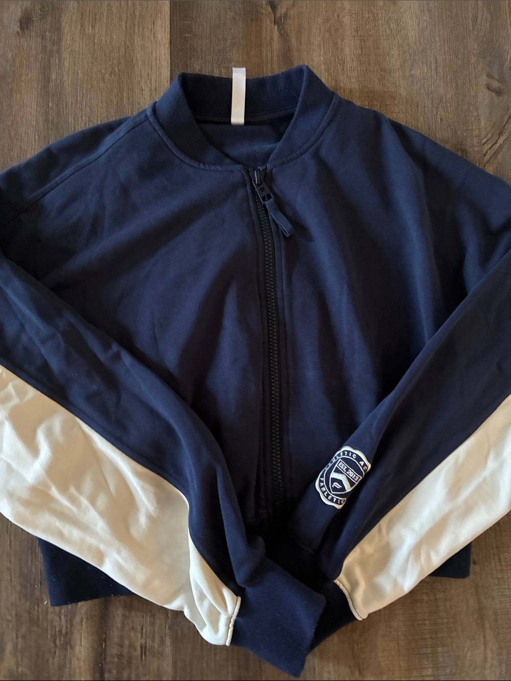 Women’s Fabletics bomer Navy and Cream Bomber Jacket with Zip